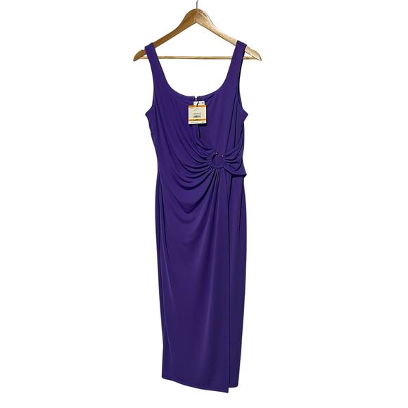 ANNE KLEIN WOMENS SMALL SQUARE NECK SHIRRED O-RING MIDI DRESS PASSION PURPLE NEW - Picture 3 of 14